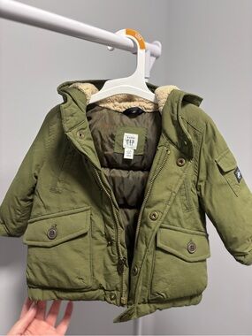 GAP Olive Green Hooded Puffer Coat with Sherpa Lining